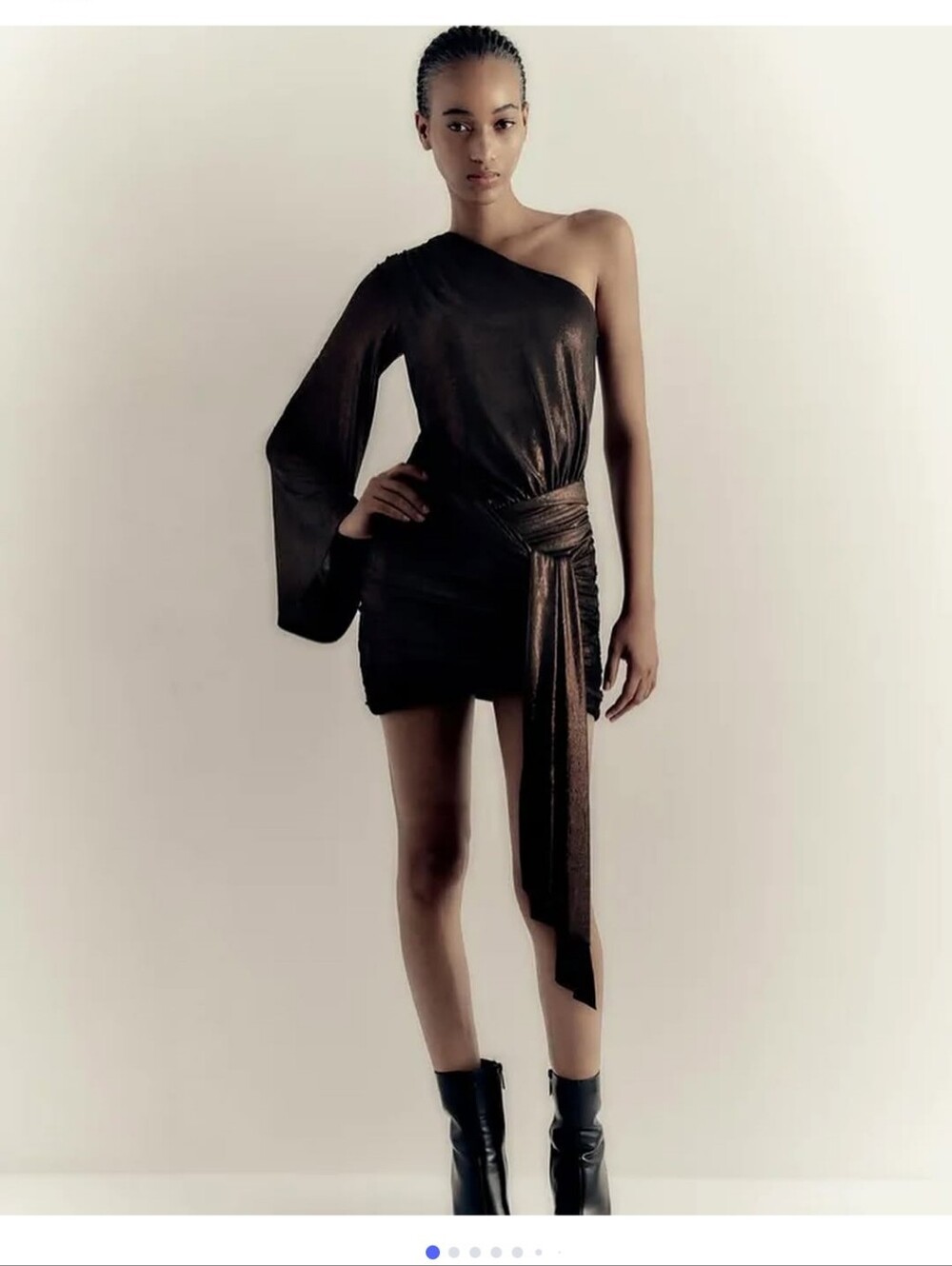 Zara Black One-Shoulder Ruched Mini Metallic Dress with Side Tie Sz S